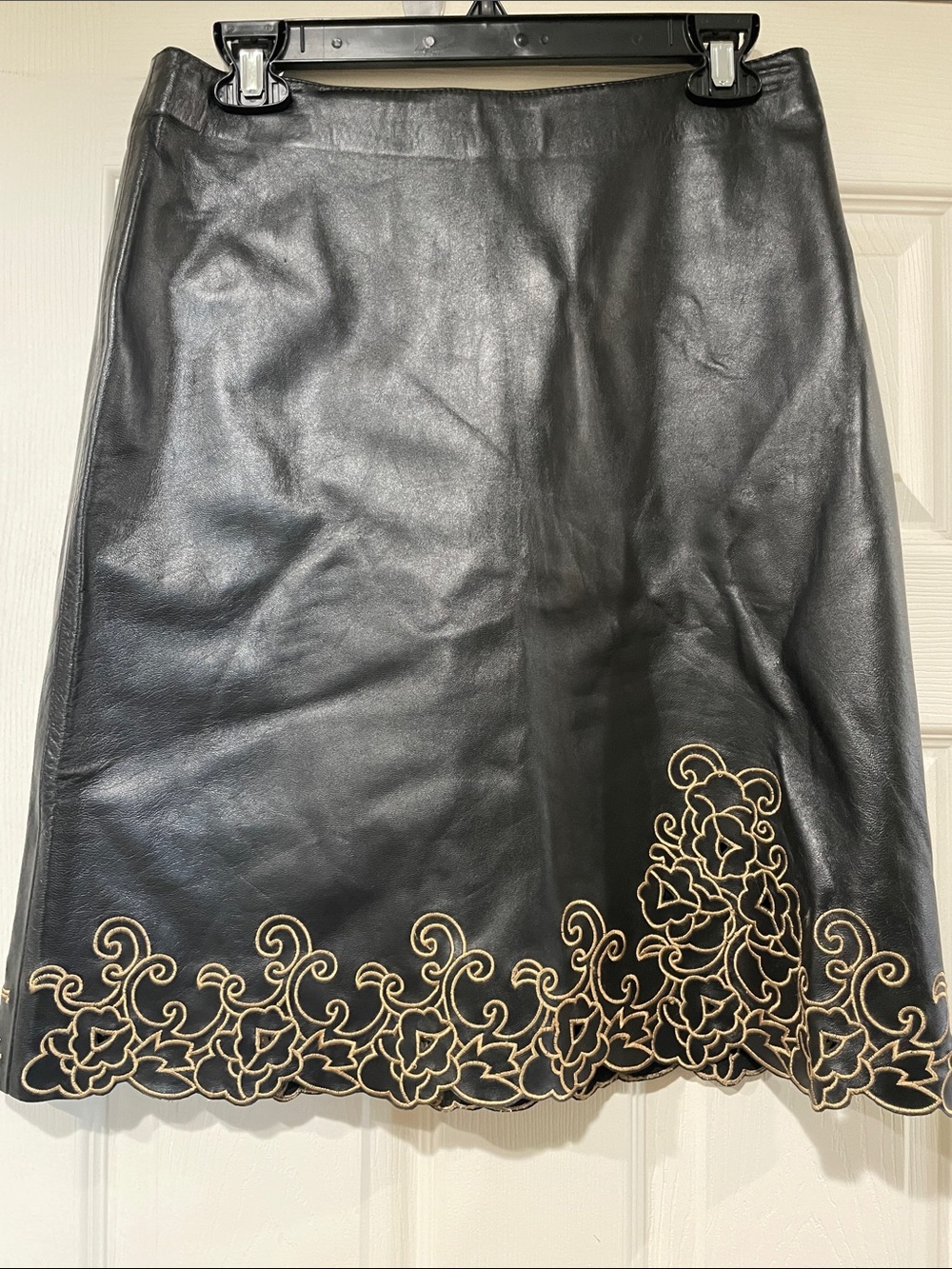 Black Leather A-Line Skirt with Gold Floral Embroidered Hem